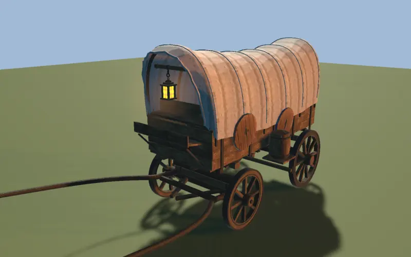 the covered wagon close up, lantern hanging at the front