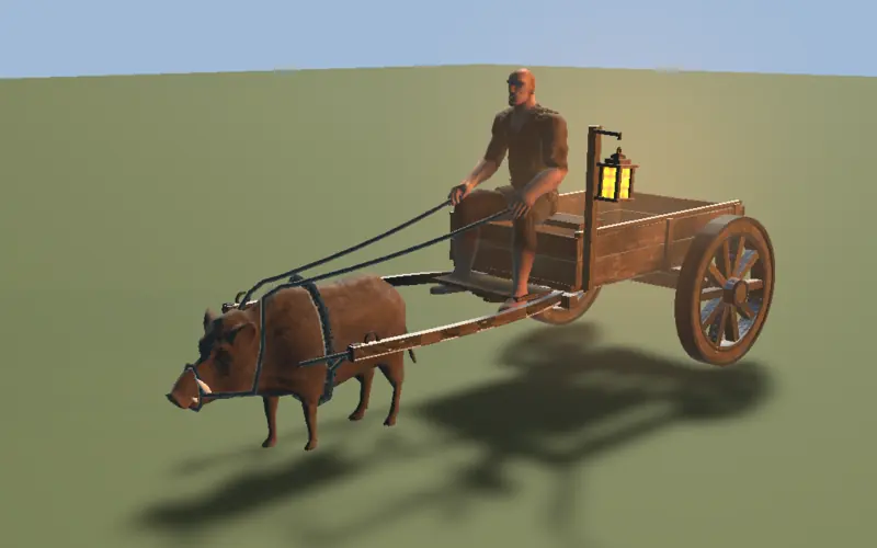 a boar pulling the two wheeled farm cart with a driver