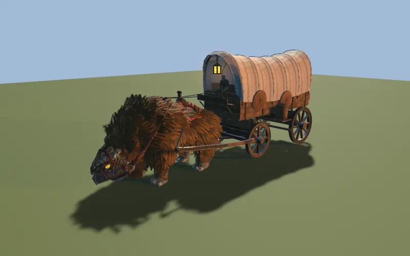 the covered wagon hitched to a saddled lox