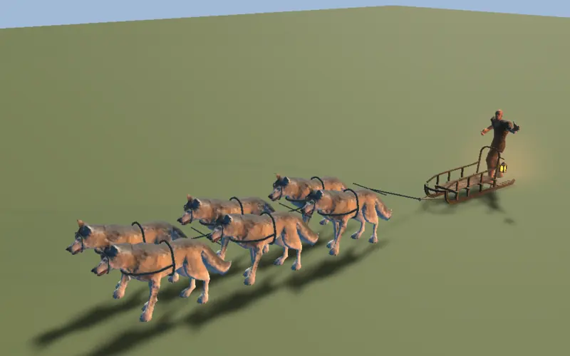 six wolves pulling the sled with a driver on the runners