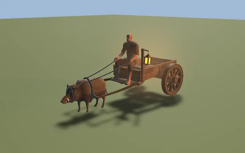 a boar pulling the two wheeled farm cart with a driver