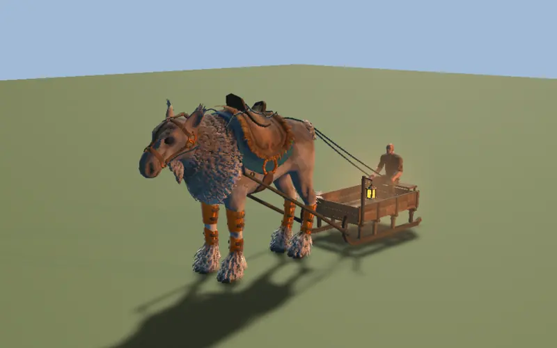 a saddled moose pulling the sled with a driver