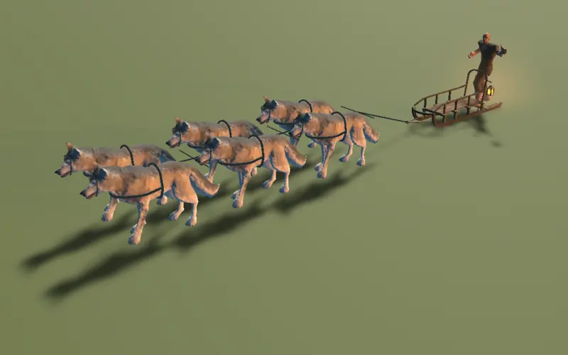 six wolves in harness pulling the sled with a driver on the runners