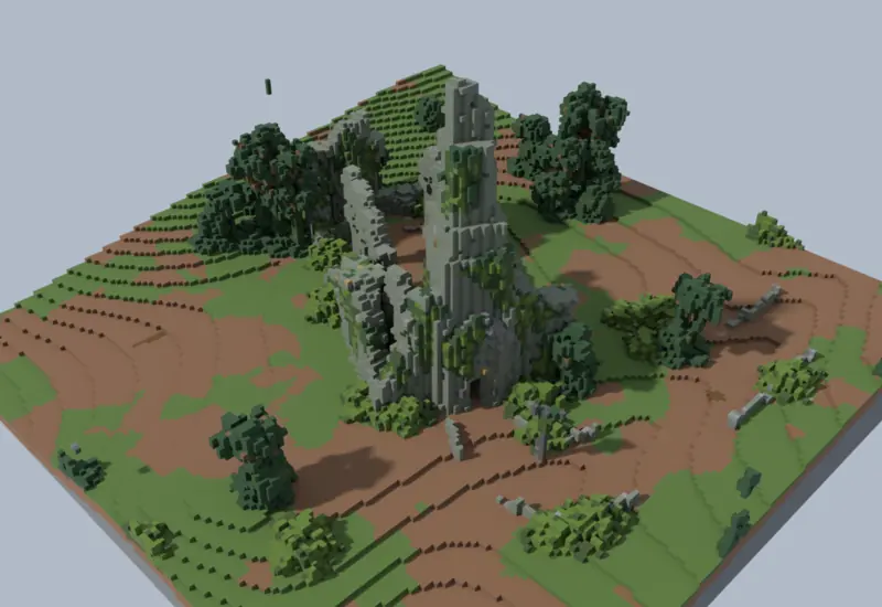 church of elleh ruins on a hill, as minecraft blocks