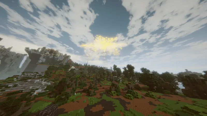 limgrave with the shaderpack, the erdtree glowing in the sky