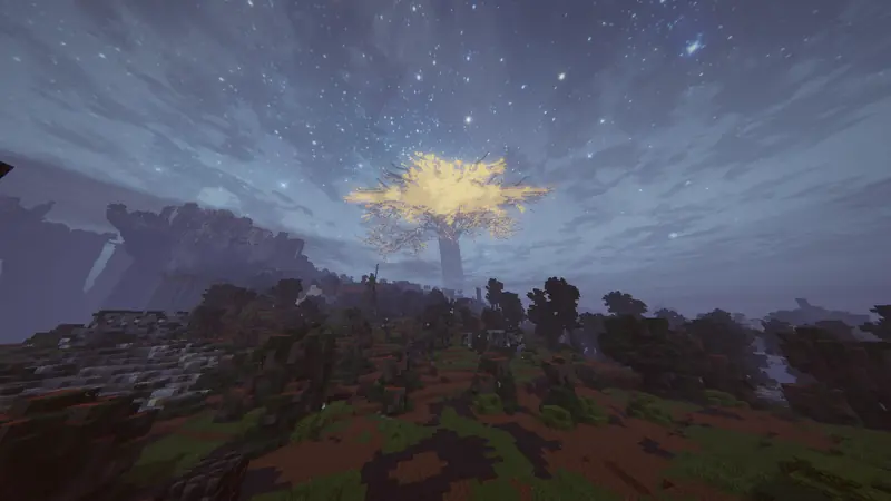 limgrave at night with stars and the glowing erdtree