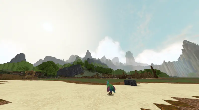 a colourful bird standing on a sand beach, forested peaks behind it
