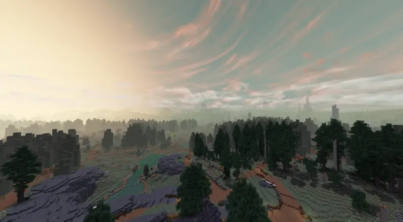 pine forest and rocky hills at dawn under streaky pink clouds, towers faint on the horizon