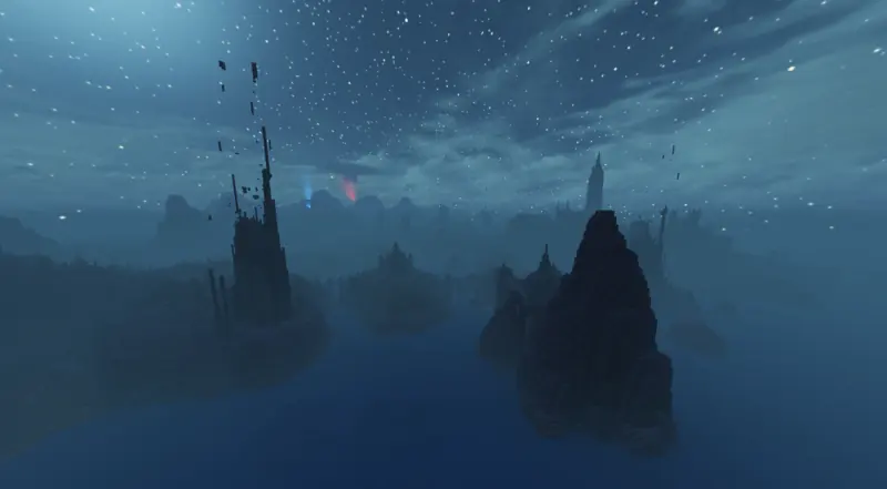 nighthaven: dark rock spires and a ruined tower rising out of the water under a starry sky