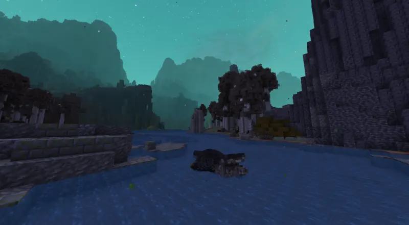 an alligator swimming in a river between dark cliffs under a teal sky