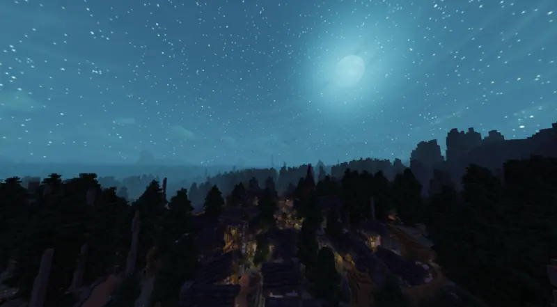 a town's lit streets among dark pines at night, a full moon and stars above