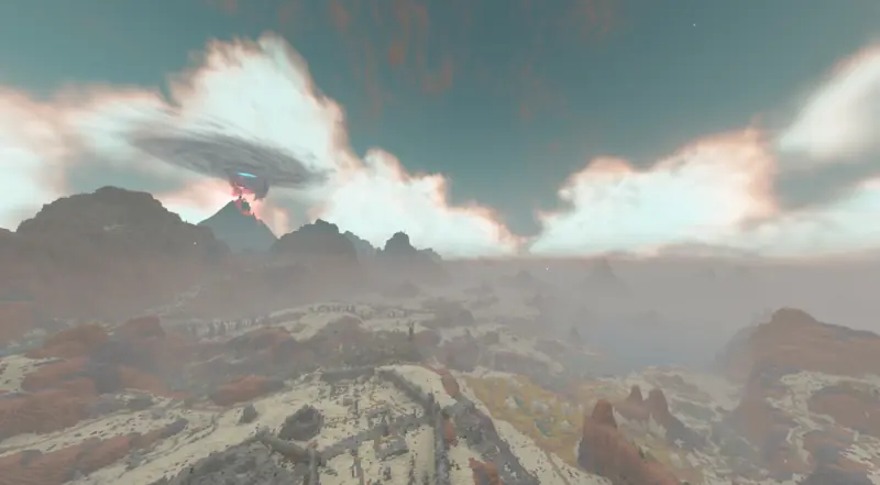 the red rock of brimstone sands with ruins in the haze, the storm vortex over a distant mountain
