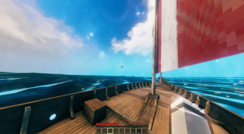 on the deck of the longship at sea, red and white sail up